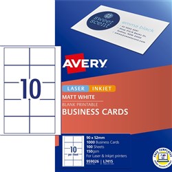 AVERY LASER BUSINESS CARDS 150GSM L7415 90X52MM 10 PER SHEET PK100