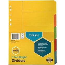 MARBIG MANILLA DIVIDERS 5 TAB A4 MULTI COLOURED BRIGHT SET