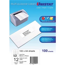 UNISTAT LASER/INKJET LABELS 12/Sht 68x70mm White