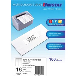 UNISTAT LASER/INKJET LABELS Copier 16/Sht 99x38 (Margin)