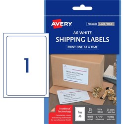 AVERY A6 SHIPPING LABELS L7175 1L/P/Sht 105x148mm White Pack of 25 - min buy of 10