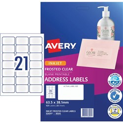 AVERY CLEAR INKJET LABELS J8560 21 L/P/Sht 63.5x38.1mm Address min buy 5